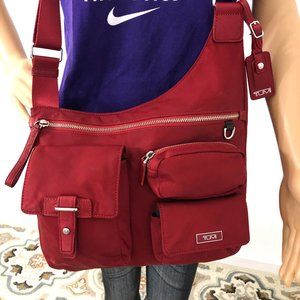 Tumi red nylon crossbody travel luggage messenger bag purse zippers top closer